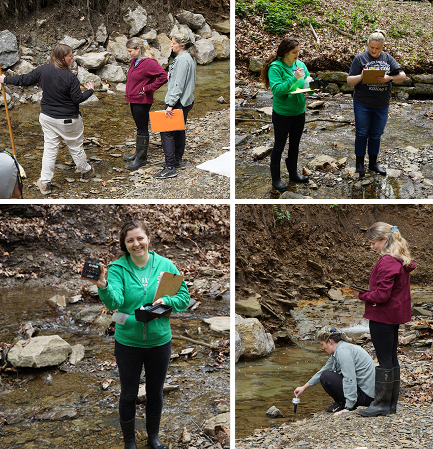 Photo collage of educators collecting water samples for testing